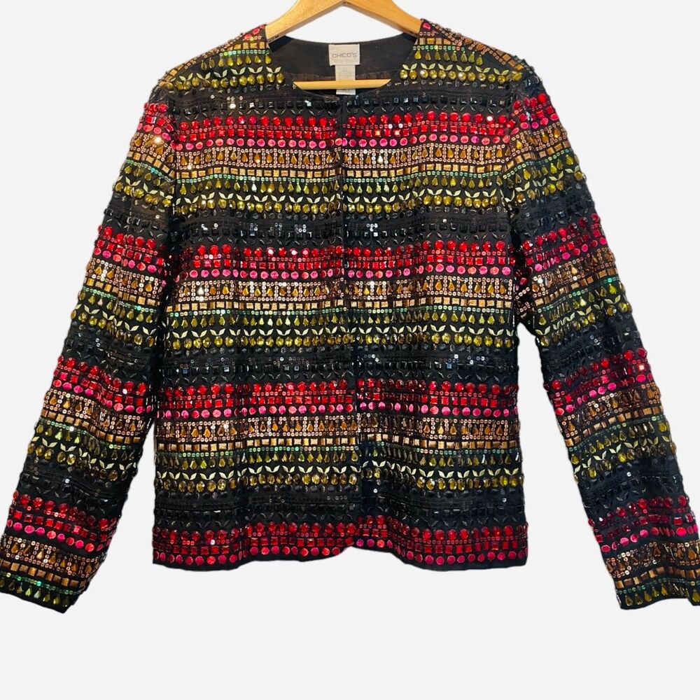 Sequined Bejeweled Chico's Rainbow Rainbow Blazer Beaded Jacket Black Small